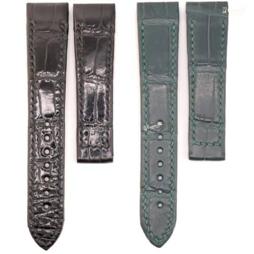 DSCF6329 | CustomHu: Luxury Custom Watch Straps Pair of crocodile-embossed leather watch straps: black on the left and teal with green stitching on the right, shown in multiple sizes.
