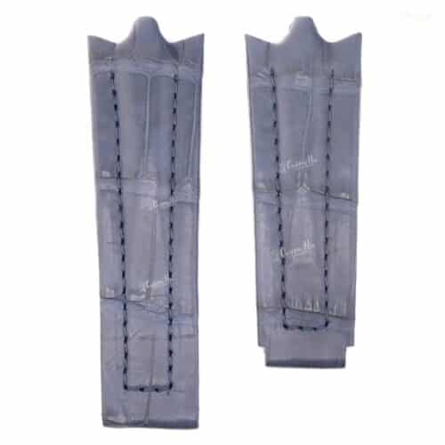 DSCF6678 | CustomHu: Luxury Custom Watch Straps Pair of blue-gray padded leather bracers with vertical stitched panels, laid side by side.